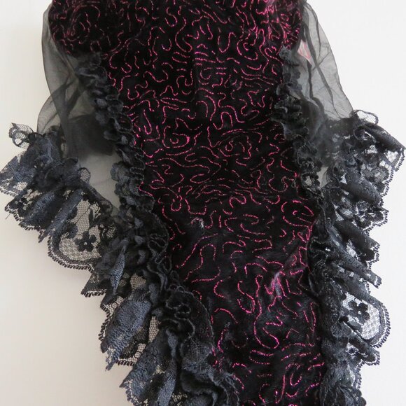 VINTAGE EMIL BOLE Lace Ruffle Black Mesh Velvet Metallic Bodysuit Teddy Goth - Picture 8 of 14